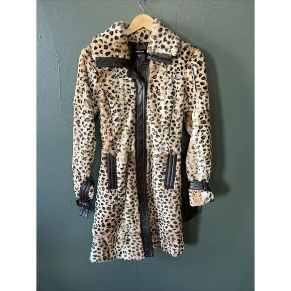 VINTAGE BEBE RABBIT FUR COLLAR LEATHER JACKET SMALL Y2K COAT BELT LEOPARD RARE - Picture 1 of 3